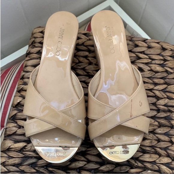Jimmy Choo Prima Patent Leather Cork Wedge Sandal in Nude - Picture 15 of 15